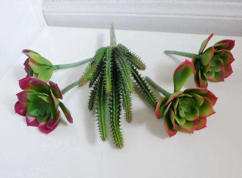 Artificial succulent plant set of five, green cactus-like stems with red-purple rosette flowers