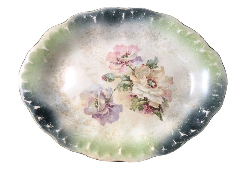 Antique oval floral platter with pastel pink and purple flowers, scalloped rim