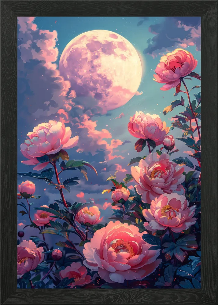 Framed wall art print with pink peony flowers and a large moon in a night sky