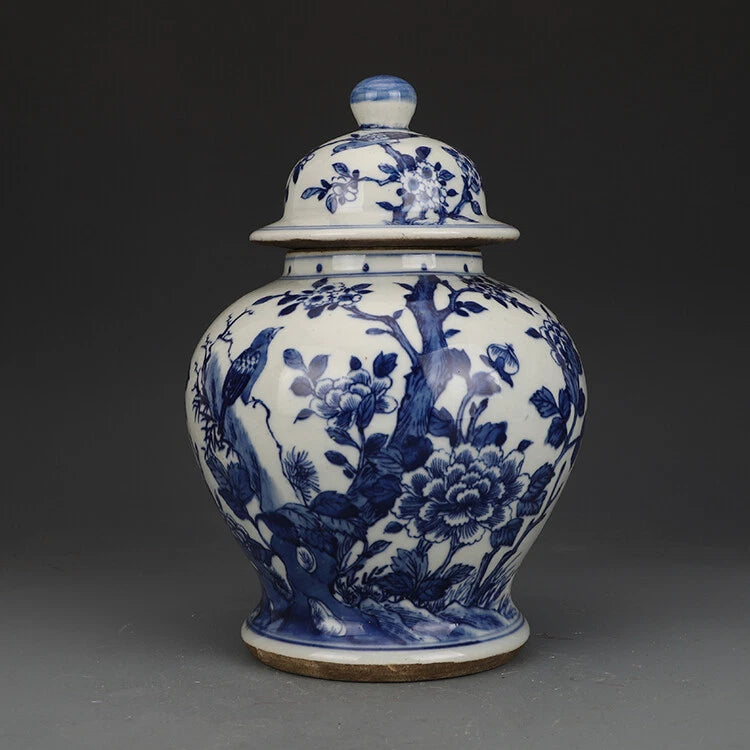 9.4 "China manual porcelain Qing Dynasty Blue white Peony flower bird pot Peony