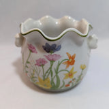 Floral fine china planter vase with scalloped rim and multicolor day lily pattern