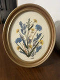 VtgPressed Dried Flower Art Oval Wood Frame 12Óx10Ó Blue Yellow Pressed Ethel Dried Flower