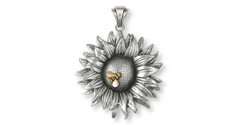 Sunflower pendant necklace charm in silver with gold-toned center detail