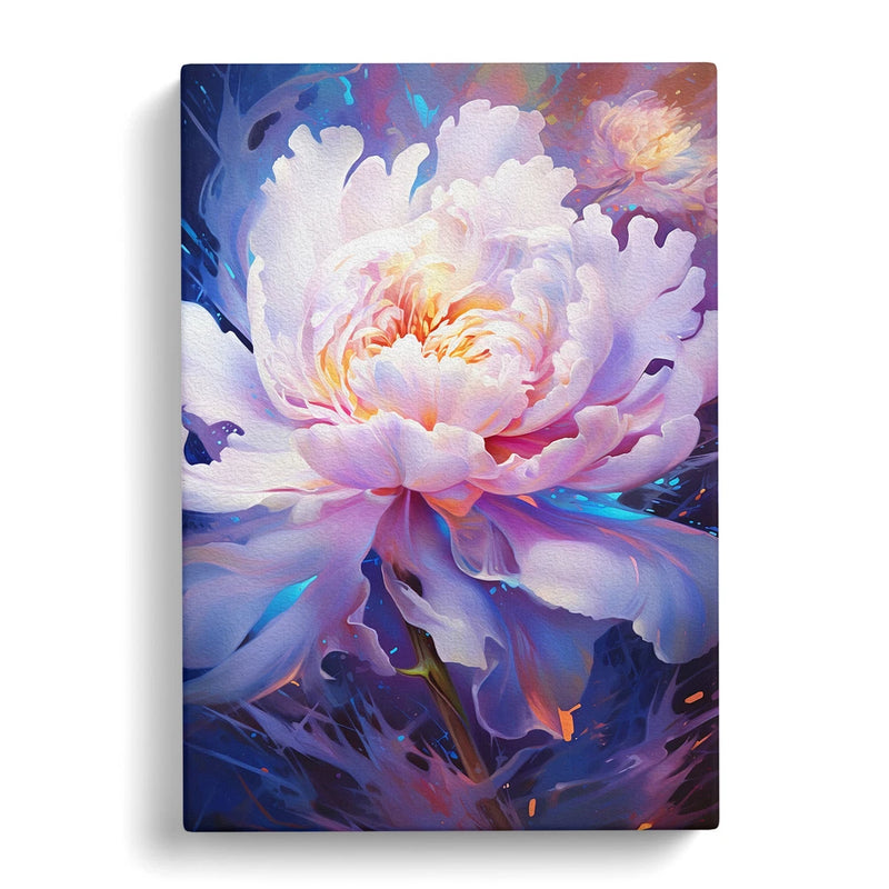 Peony flower canvas wall art print, framed, pastel blue and purple with glowing center