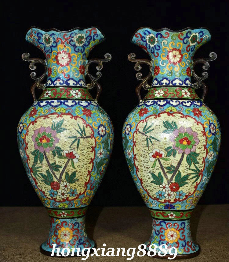 Pair of cloisonné enamel bronze vases with peony motifs and floral handles