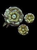 Vintage Blooming Carnation Flower Brooch & Earrings Set Gold Tone Faux Pearl Carnation