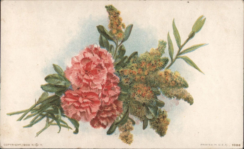 Pink carnation bouquet postcard with green leaves and small orange buds