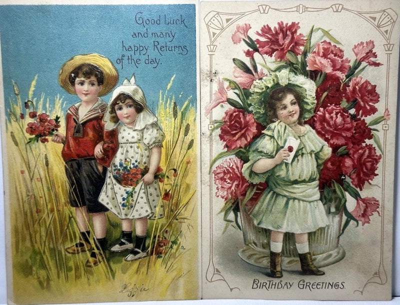 Postcard Children in Field Blue Sky Hold Flowers Red Pink Carnations Mails Lot 2 Carnation