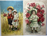 Postcard Children in Field Blue Sky Hold Flowers Red Pink Carnations Mails Lot 2 Carnation