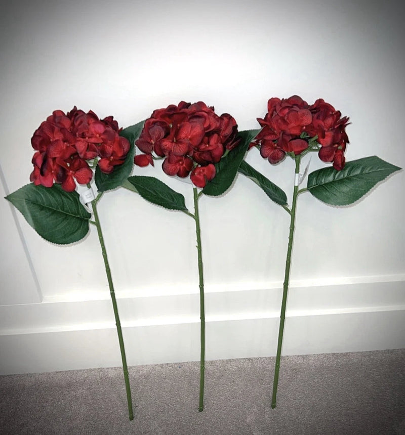 Set of 3 Ashland Burgundy Hydrangea Stems Faux Floral Wedding  Home Decor 24Ó Hydrangea