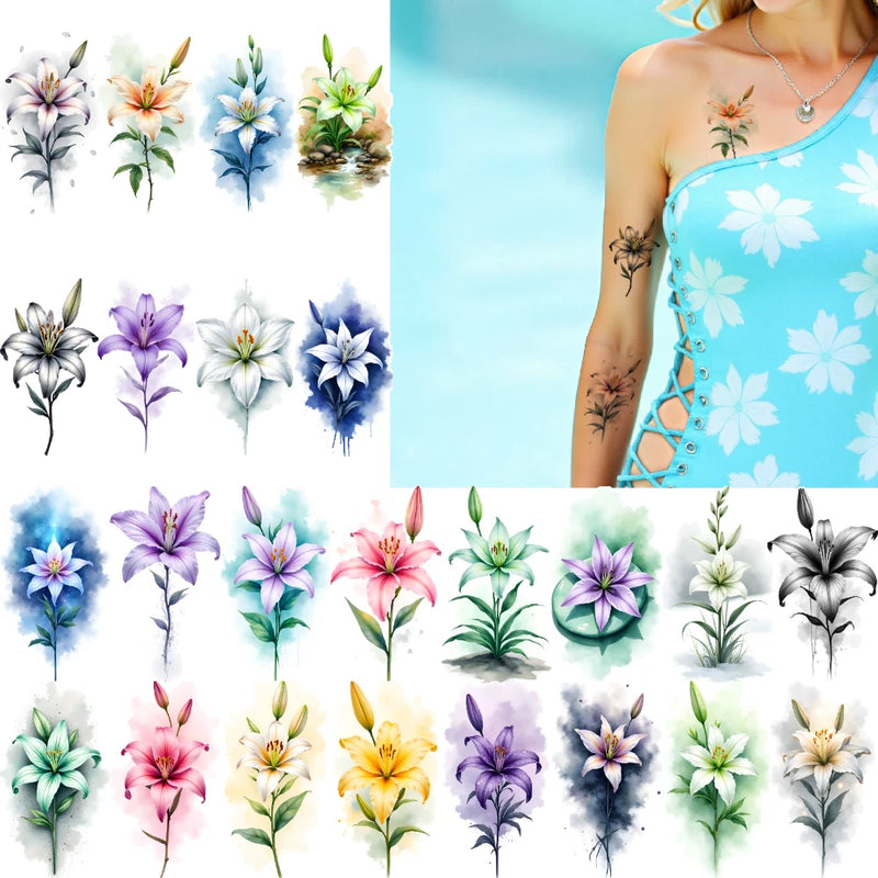 9pcs Temporary Tattoo Watercolor Watercolor Lilies Flower Illustrations Lily