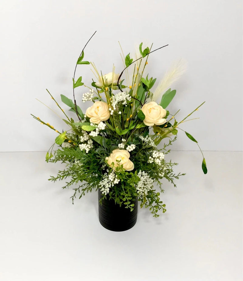 YELLOW RANUNCULUS FLORAL GREENERY ARRANGEMENT CONTEMPORARY CENTERPIECE GIFT NEW Ranunculus