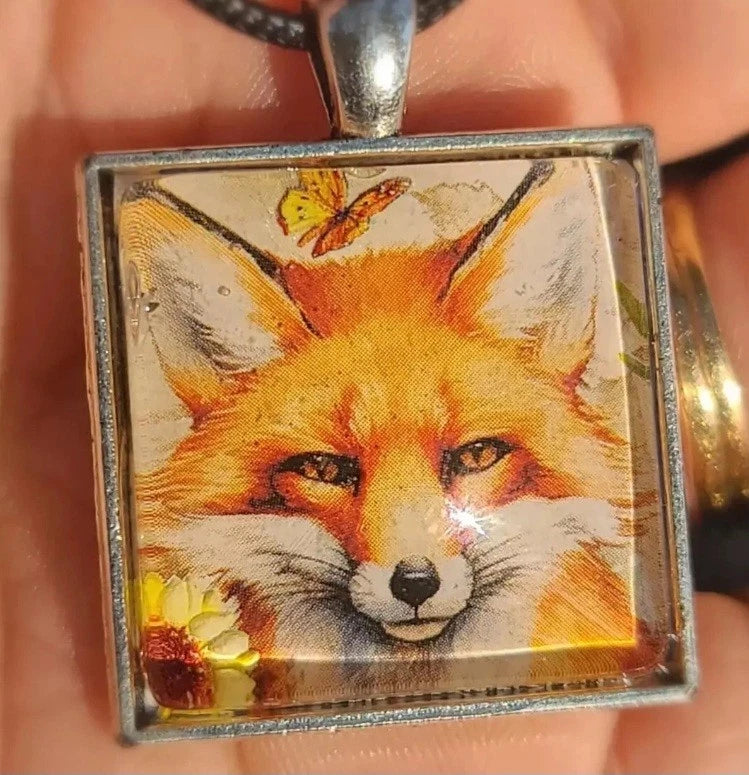 FOX & BUTTERFLY Pendant UNIQUE Necklace Whimsical WOODLAND Scene SUNFLOWER Sunflower