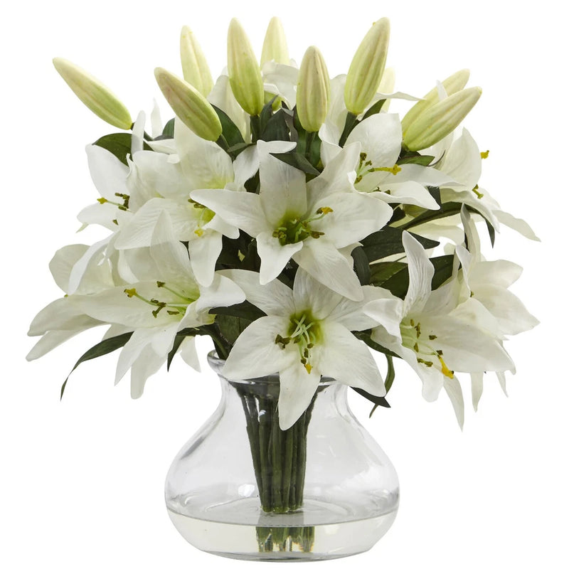Lily Silk Arrangement With Glass Vase in White Lily