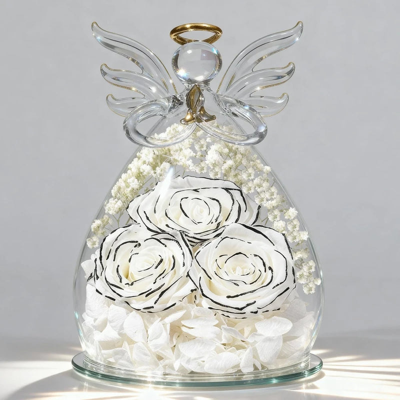 Preserved rose angel keepsake in clear glass dome with gold halo and white rose display