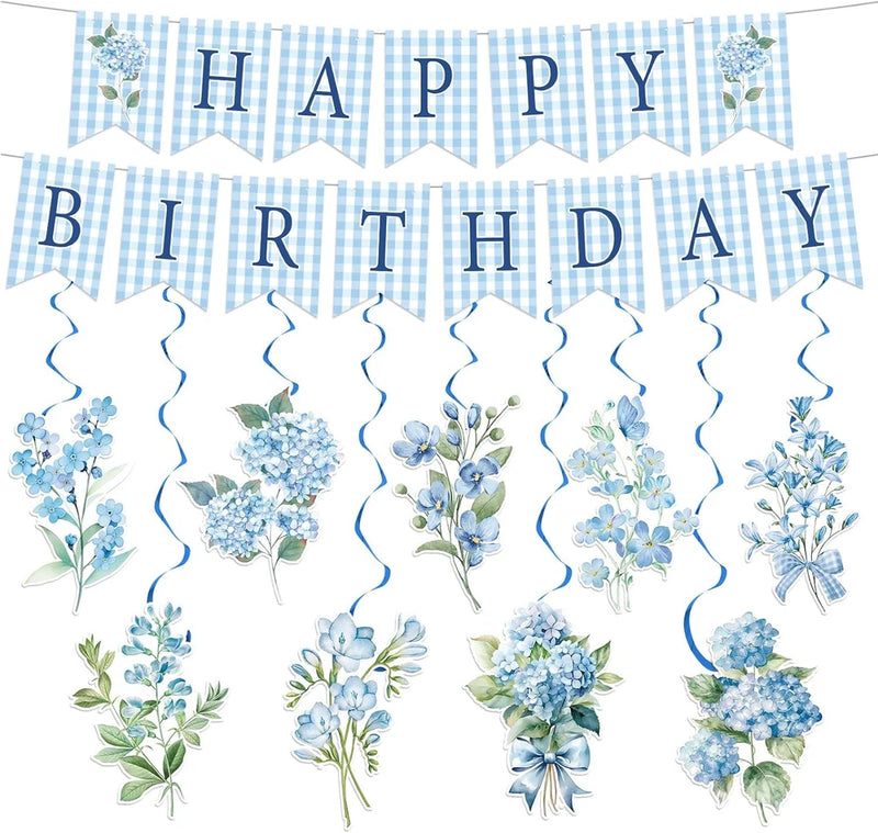 11 Pcs Blue Flower Happy Birthday Banner Blue White Hydrangea Party Garland with Hydrangea