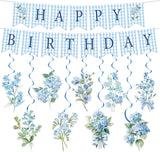 11 Pcs Blue Flower Happy Birthday Banner Blue White Hydrangea Party Garland with Hydrangea