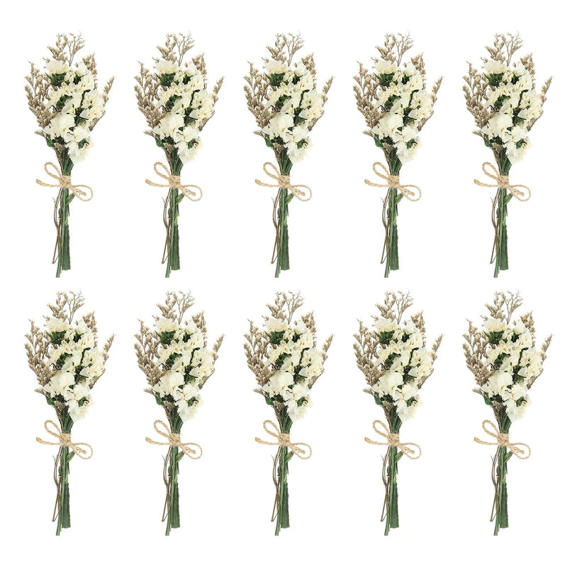 Set of 10 mini dried flower bouquets with small white blooms and green stems, tied twine