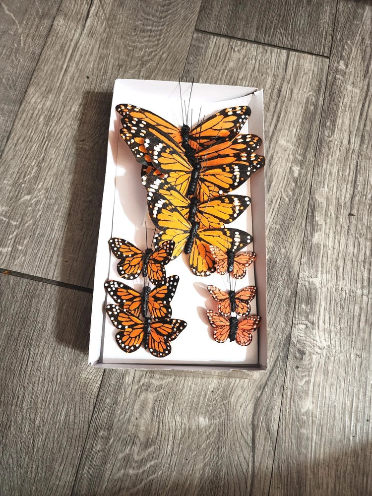 Set of monarch butterfly feather ornaments on display card, orange and black, 4 pieces