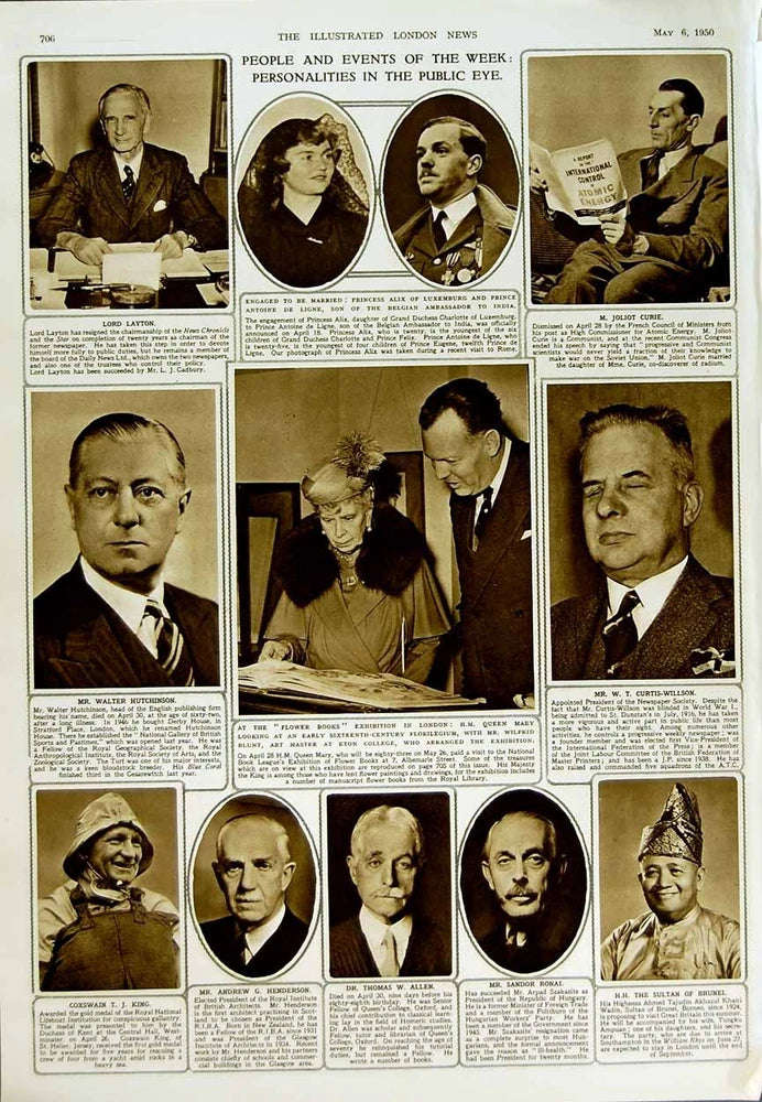 Vintage newspaper-style collage print with multiple headshots and small captions