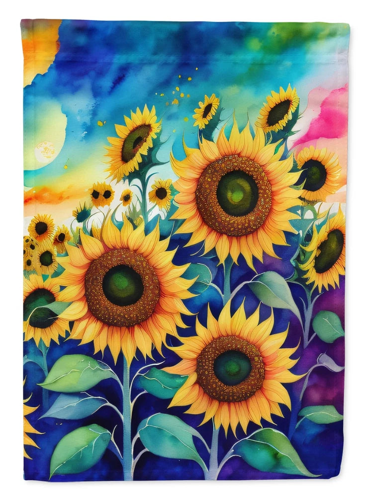 Colorful sunflower house flag with large blooms and green leaves, vertical garden design