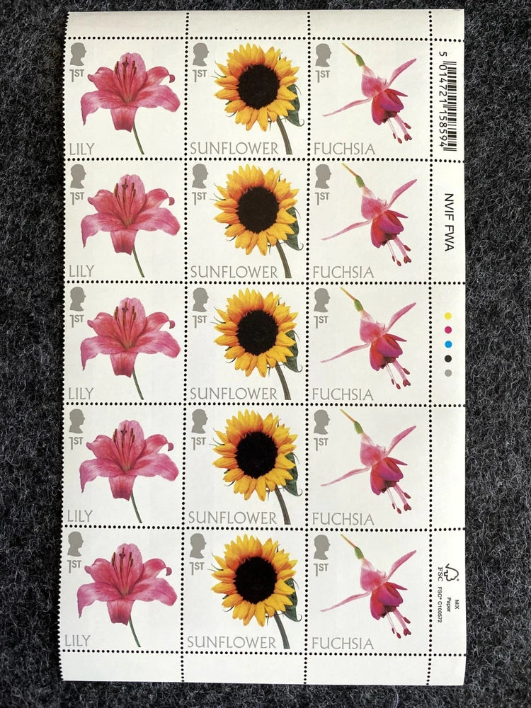 (2023) 1st class UK GB Stamps MNH Block Sheet LILY SUNFLOWER FUCHSIA Flowers Sunflower