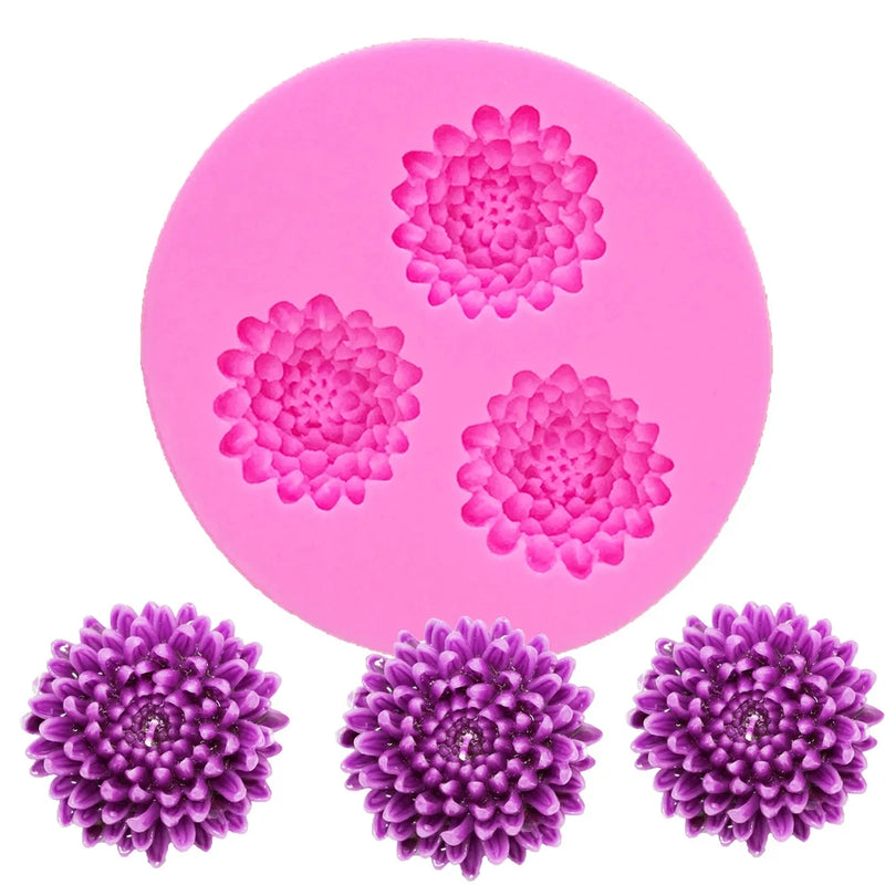 Pink round flower candle and soap mold with three purple blossom cavities