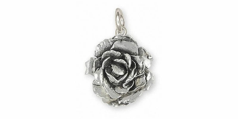 Sterling silver peony charm with detailed flower design and loop bail