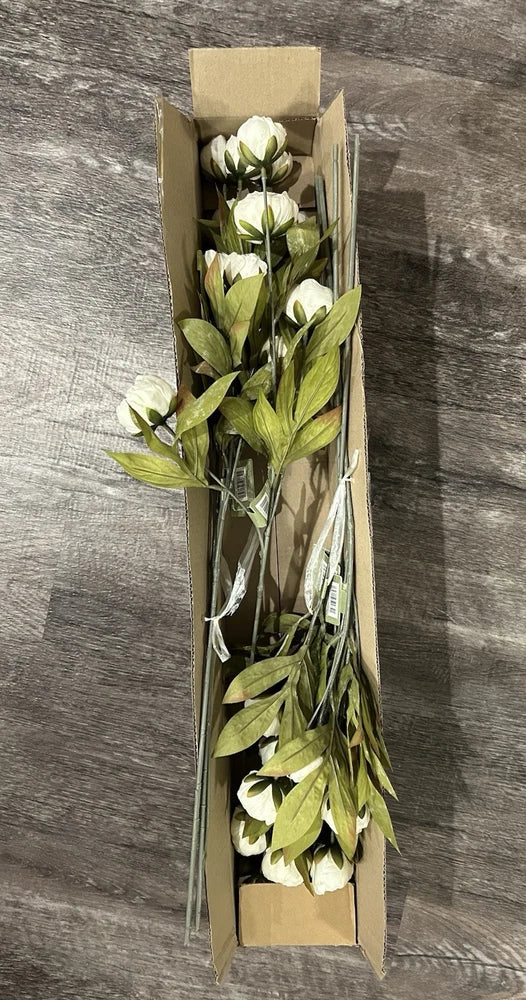 Cream white peony flower stems with green leaves, 8-pack in a clear sleeve