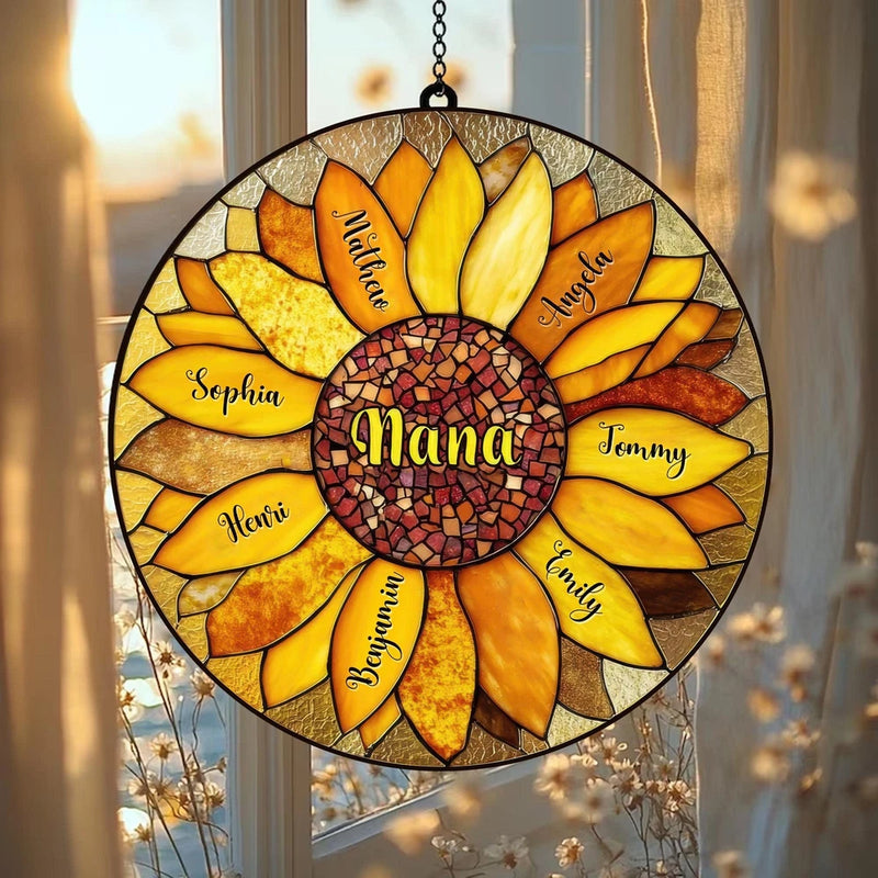 Sunflower stained glass suncatcher with personalized names, hanging window decor