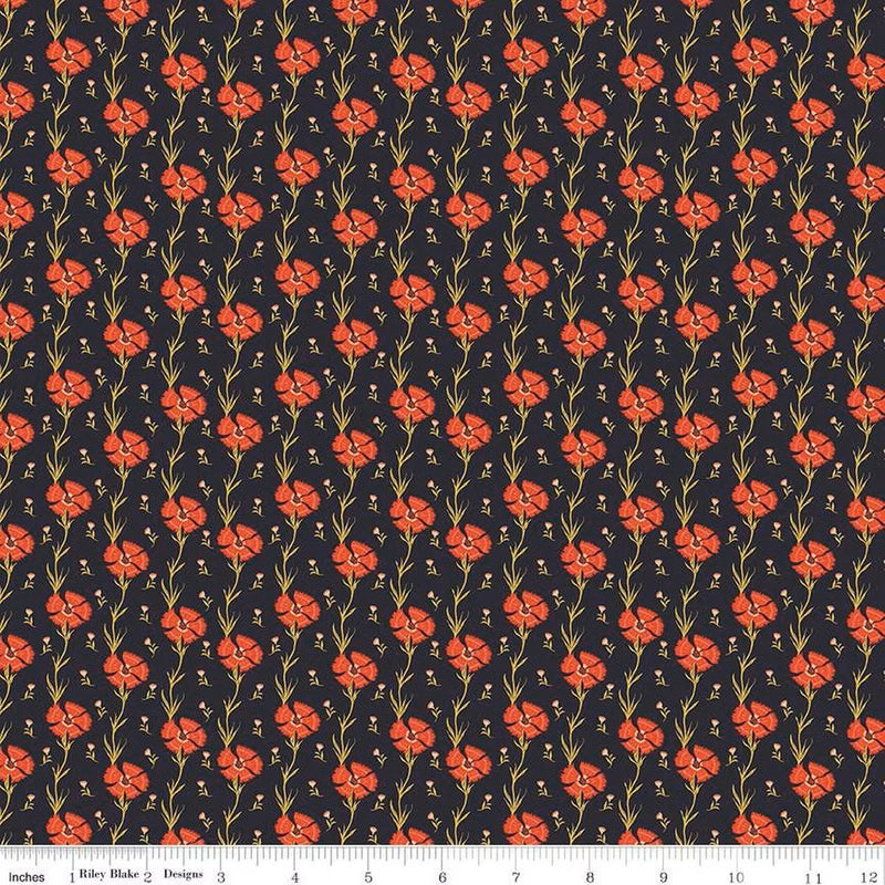 Charcoal fabric with red-orange carnation flower vine pattern
