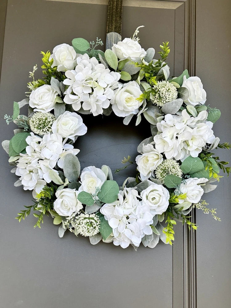 20Ó Farmhouse Cottage  Wreath White Hydrangeas White Rose, Eucalyptus Greenery Hydrangea