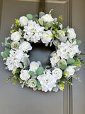 20Ó Farmhouse Cottage  Wreath White Hydrangeas White Rose, Eucalyptus Greenery Hydrangea