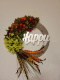 HAPPY Hydrangeas Cat tail burlap WREATH FALL Feather Decor Front Door 15" fire Hydrangea