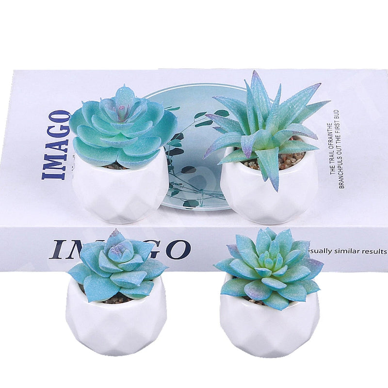 Set of 4 Blue small Artificial Plants Potted Succulents with office Decoration Green Plant