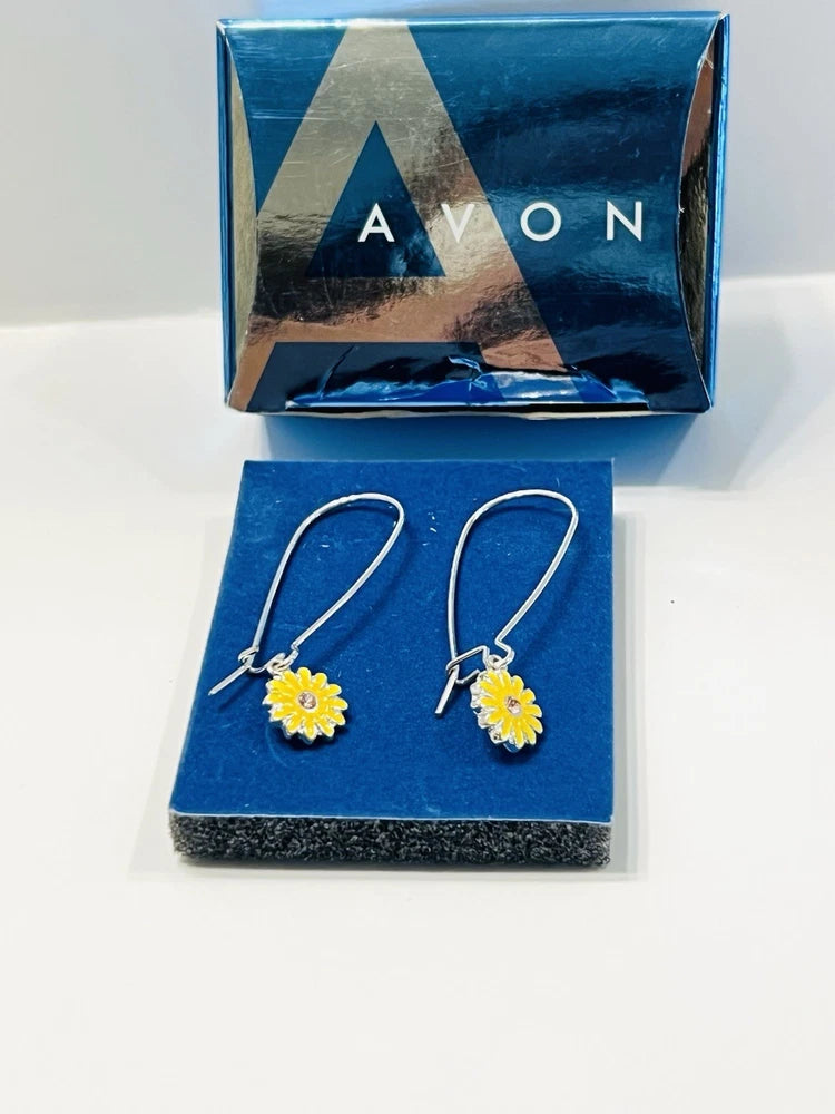 Avon silver-tone sunflower drop earrings with delicate dangling charm