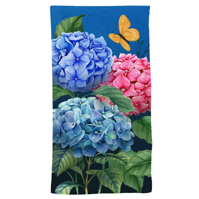 Colorful hydrangea cotton hand towel with blue, pink and teal blooms, green leaves