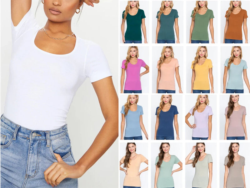 Women’s fitted scoop-neck cotton T-shirt, white short-sleeve knit top