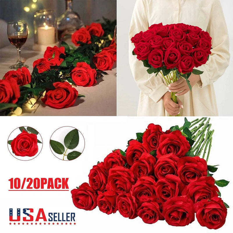Artificial red silk rose bouquet with realistic blooms, held in hands for home decor