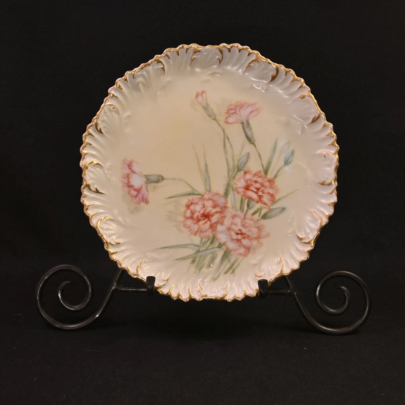 JPL Pouyat Limoges 8 5/8" Plate Hand Painted Pink Carnations w/Gold 1890-1932 Carnation