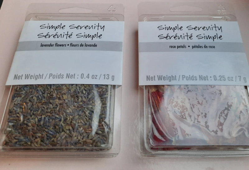 Packaged dried lavender flowers and rose petals for crafting, in clear containers