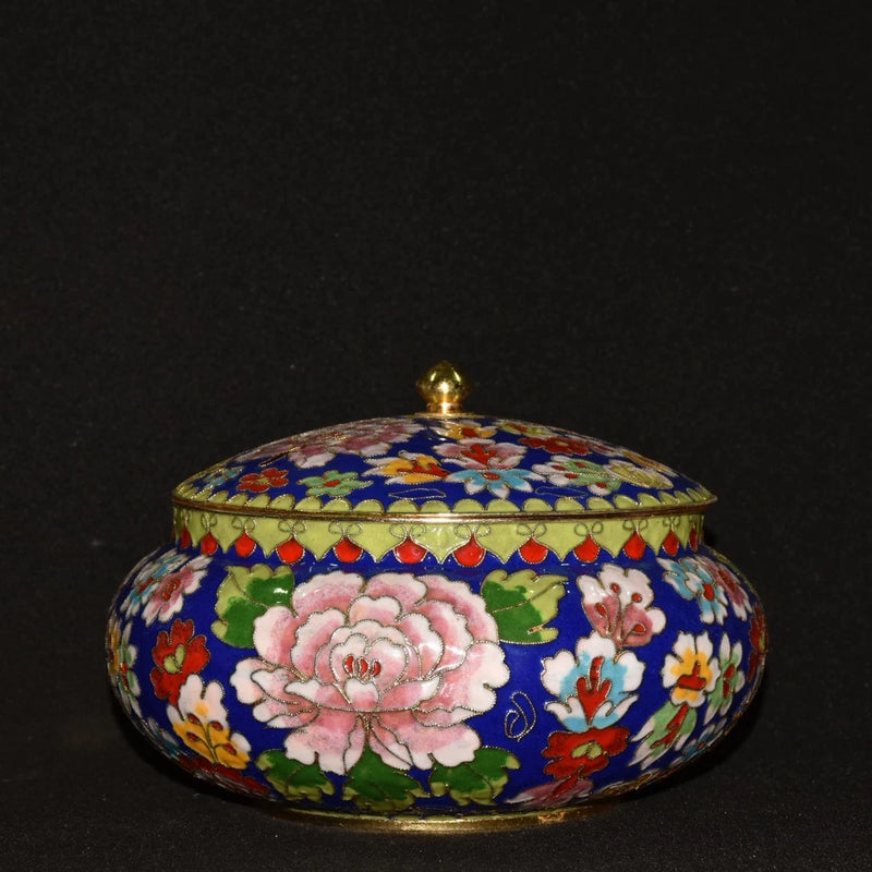 Cloisonné peony flower lidded jar with purple enamel and gold trim