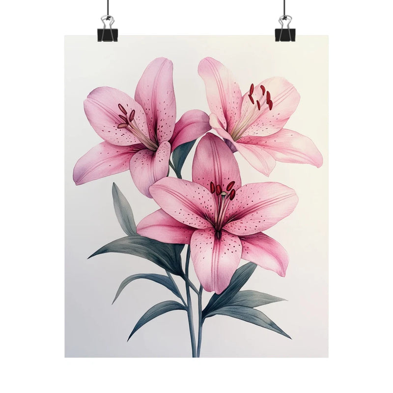 Pink lily flower art print poster with three blooms and green leaves