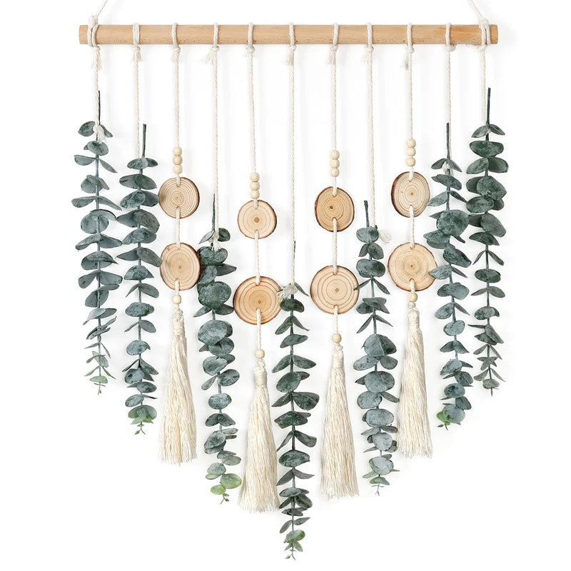 Eucalyptus leaf macrame wall hanging with wooden ring charms and long fringe