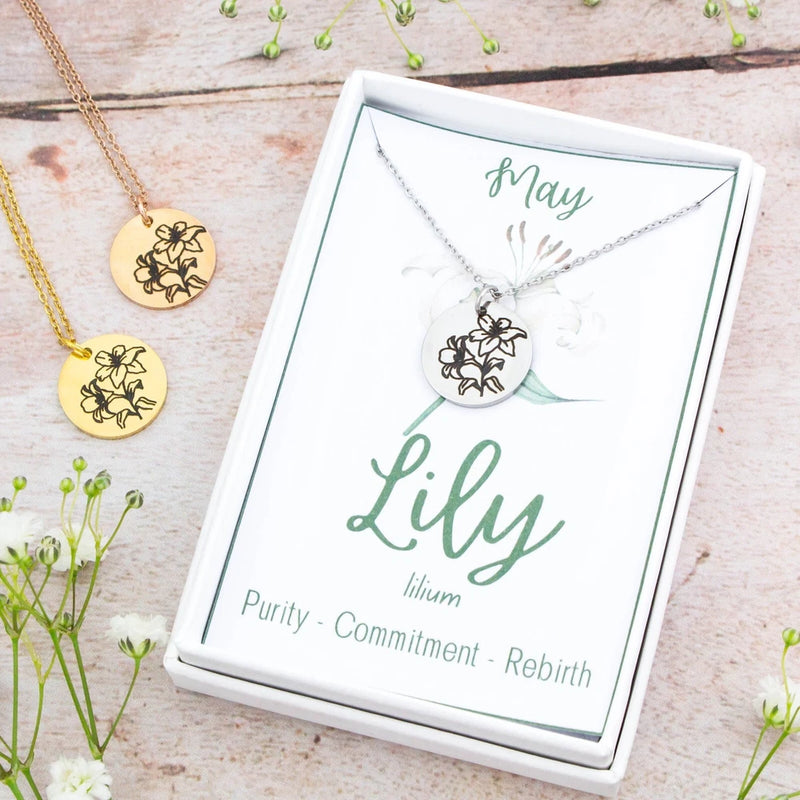 Lily Necklace - May Birth Flower Personalised Engraved Jewellery Lily