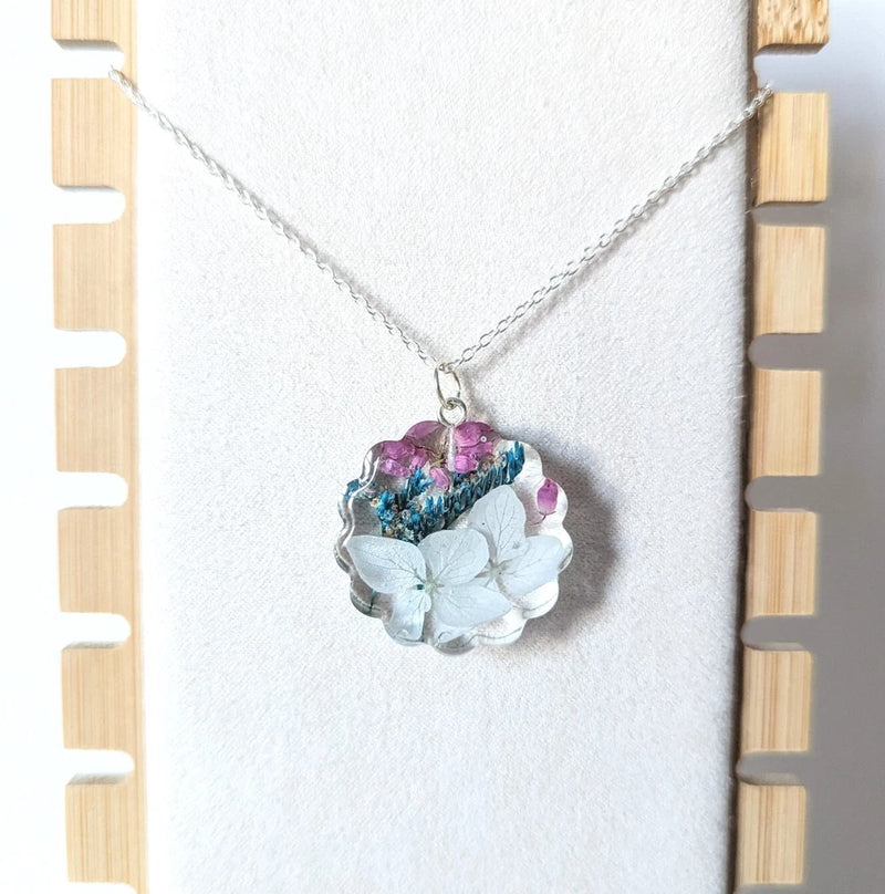 Handmade Pink Heather Blue Hydrangea Flower Resin Necklace Floral Pendant Gift Hydrangea