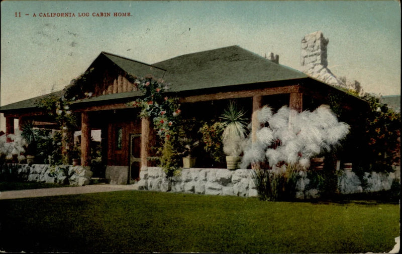 Coalinga CA California Log Cabin Home Pampas Grass mailed 1909 vintage postcard Pampas Grass