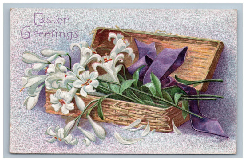 Easter greetings postcard with embossed white lilies, purple ribbon, and wicker basket