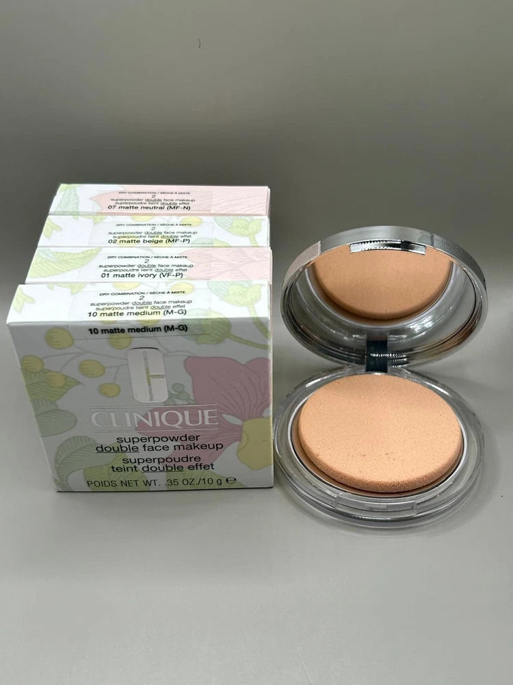 Double-sided makeup powder compact with two beige shades and product box
