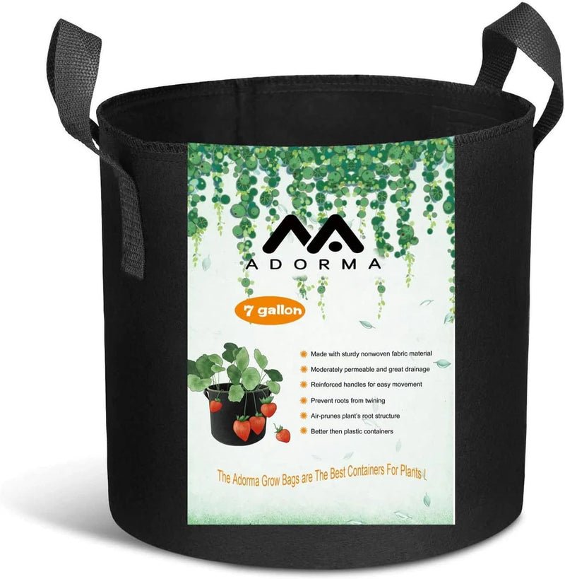 7-gallon nonwoven grow bag with handles, black fabric; ADORMA label on front.